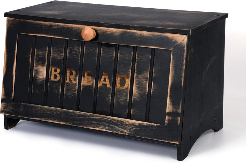 DAOYOUSKY Bamboo Bread Box for Kitchen Countertop, Black Vintage Wooden Counter Breadbox, Single Layer Rustic Wood Large Capacity Bread Storage Container Bin - Image 1